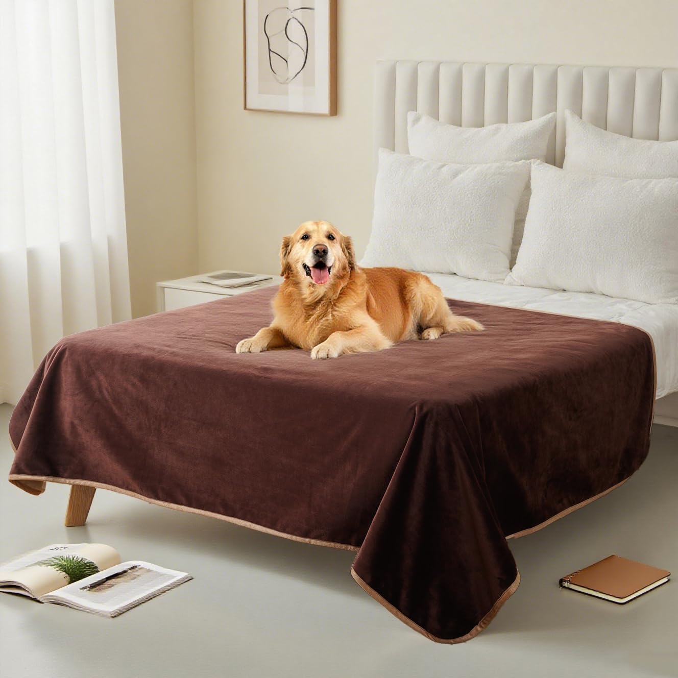 Manta impermeable para perros de 50 x 60 pulgadas, protector de cama suave y esponjoso, manta reversible de forro polar para perros grandes (marrón puro)