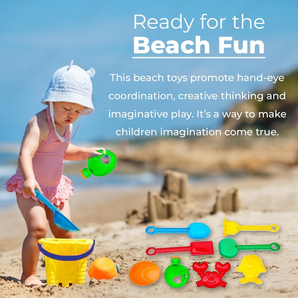 Fezeedi Kids 8 Pcs Beach Set Toys Plastic Kids Play Set Sand Play Set Beach Toys with Bucket Multiple Game Set of Toys for Kids (Multi Color)(8 pcs Set) 4