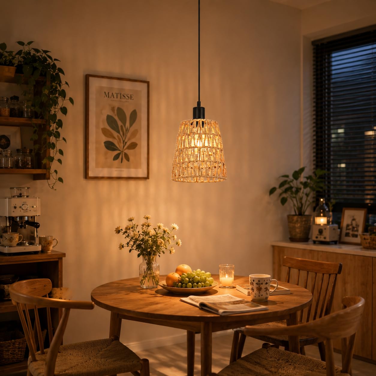 Lampada a sospensione Boho, in rattan, 1 luce, lampada da tavolo da pranzo | vintage intrecciata, paralume in corda di canapa, attacco E27 per sala da pranzo e camera da letto (lampadina non inclusa)