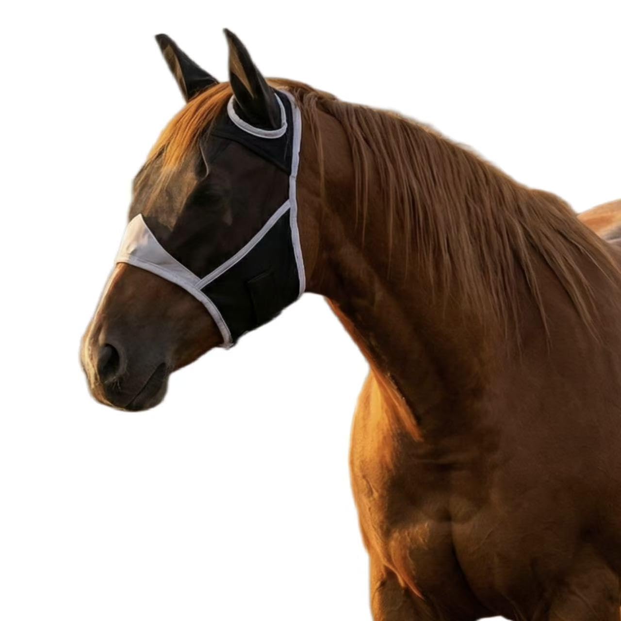 Masque Anti Mouche Cheval Noir avec Oreilles One Piece, Protection Anti-Tau pour Chevaux (L)