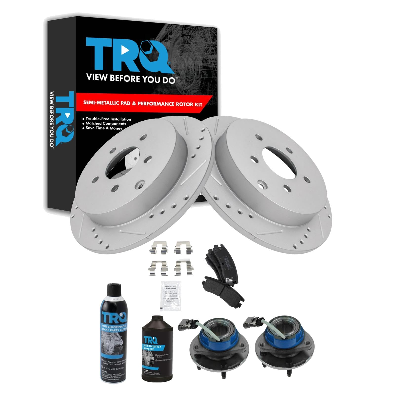 TRQ Performance Rear Performance Brake Pad &amp; Rotor Kit Semi-Metallic Premium G-Coated Compatible with 2002-2006 Buick Rendezvous 2002-2004 Chevrolet Venture Oldsmobile Silhouette