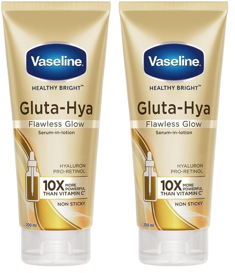 Vaseline Gluta-Hya Flawless Glow Lotion for Face & Body | Gives Brighter Skin | Glutathione & Pro-Retinol Infused Moisturizer, 200ml (Pack of 2)