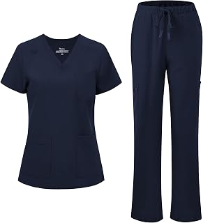 Scrubs for Women, V-Neck Scrubs Top & Cargo Pants with 12 Pockets, Yoga Waistband, 4 Way Stretch