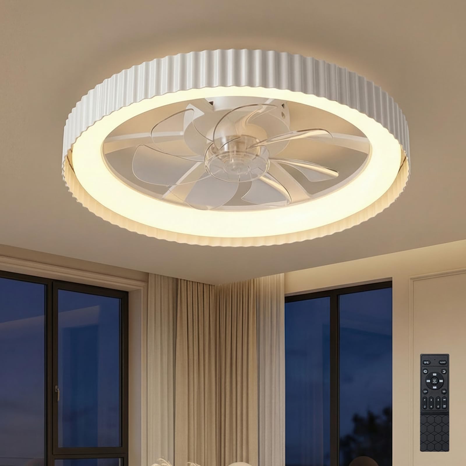 LEONTYNE Deckenventilator mit Beleuchtung, APP & Fernbedienung, Dimmbar 3000K-6500K, Leiser DC Motor Umkehrbar, 6 Geschwindigkeiten, Flach Modern für Schlafzimmer Wohnzimmer