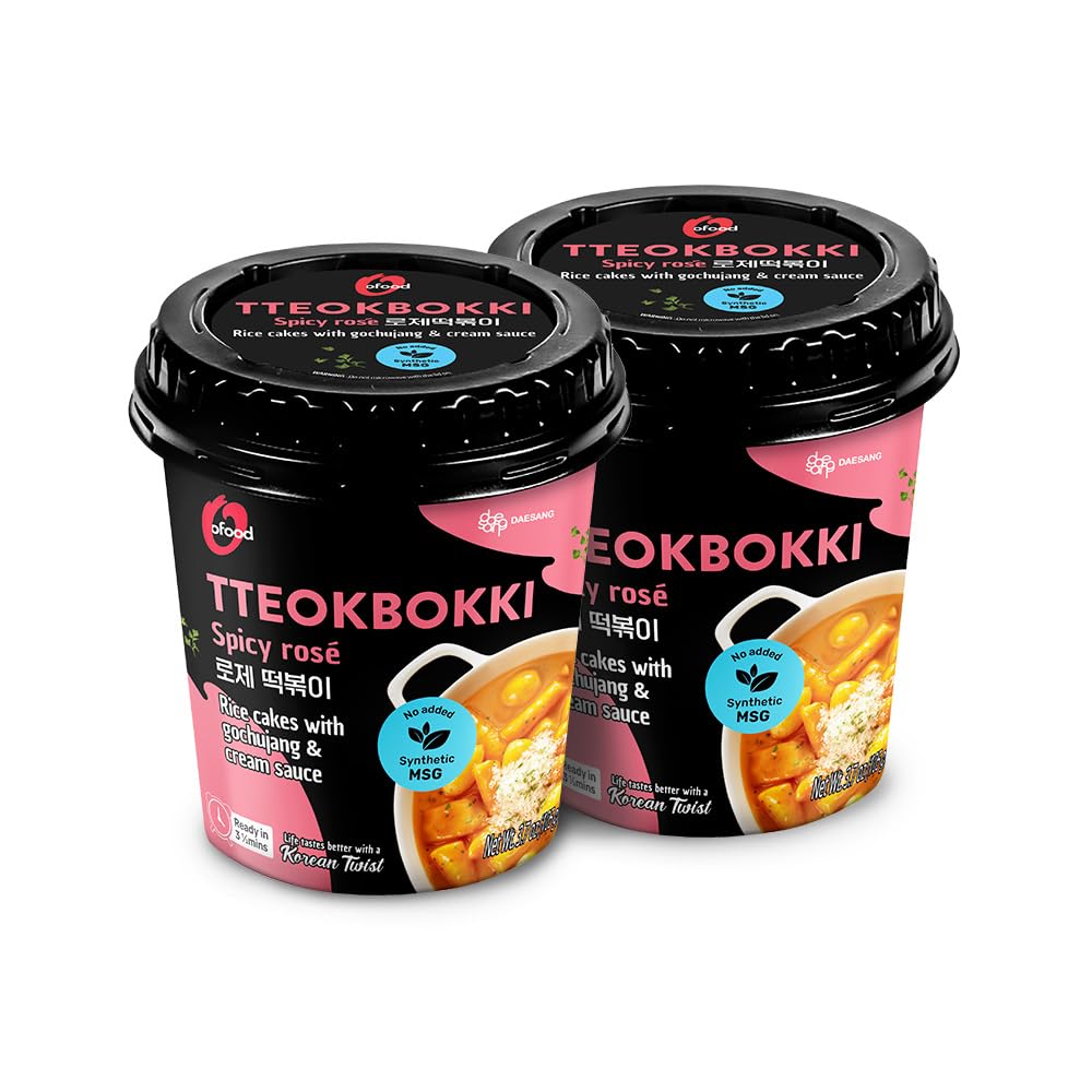 O'Food Rose Cup Tteokbokki Pack of 2, Spicy Carbonara Korean Rice Cake Snack, Authentic Street Food, Microwaveable & Ready to Eat, No MSG Rose Pack of 2 (Cups)