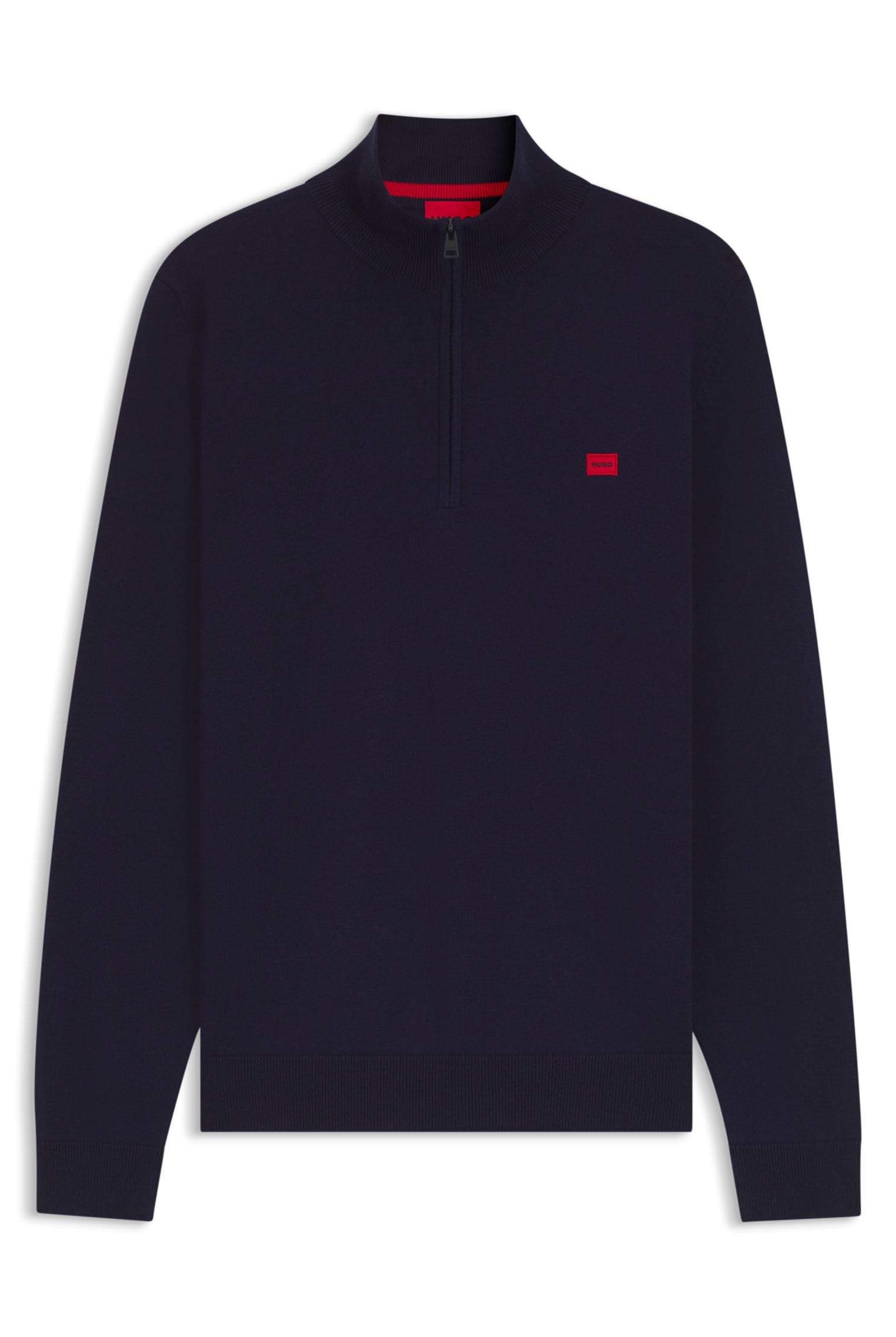 HUGO Mens San Quintus-C Logo-Label Zip-Neck Sweater Knitted in Cotton