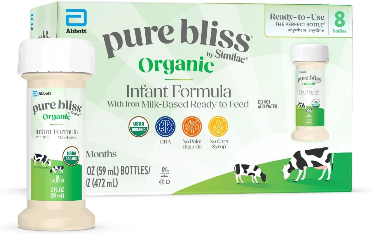 Pure Bliss by Similac Organic Infant Formula, Easy to Digest, USDA Certified Organic, Ready to Feed, 2-fl-oz Bottle, Pack of 8