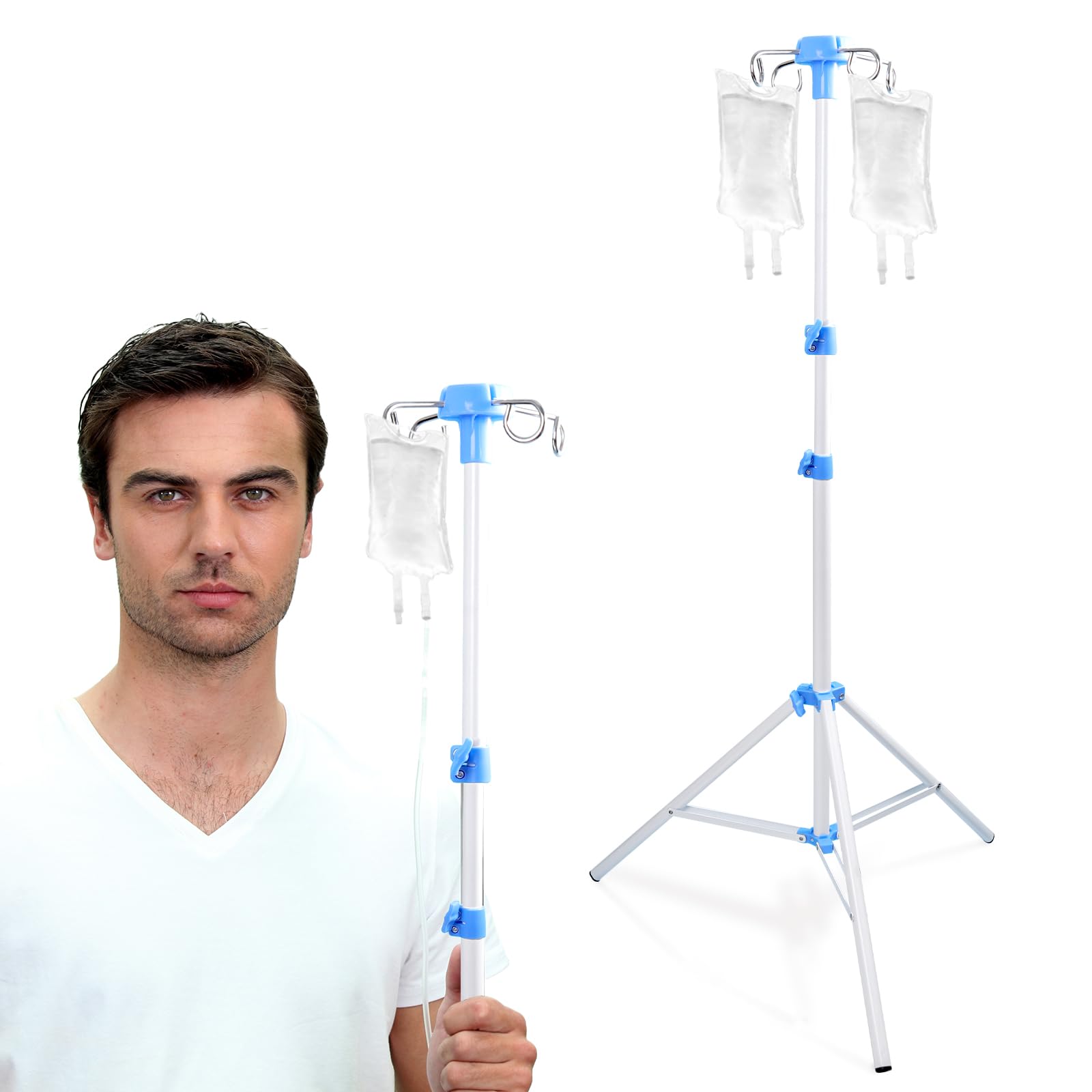 Lefeke IV Pole Portable for Traveling, Adjustable IV Stand with Hooks, Medical IV Drip Infusion Bag Holder, IV Fluids Floor Stand (White)