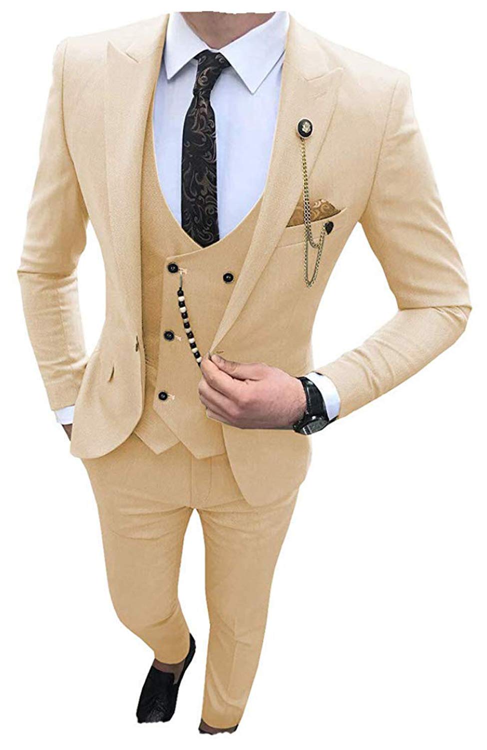 Leader of the Beauty 3 Pieces Fashion Men's Suits One Button Prom Suits Slim Fit Party Tuxedos Notch Lapel Groom Wedding Suits 48 chest/42waist Champagne