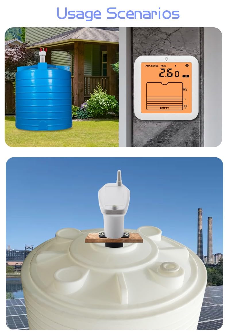 Moniteur de niveau d'eau numérique sans fil avec rétroéclairage, transmission de 100 m pour portée, alarme haute-basse, capteur étanche IP65 pour réservoir, puits, piscine