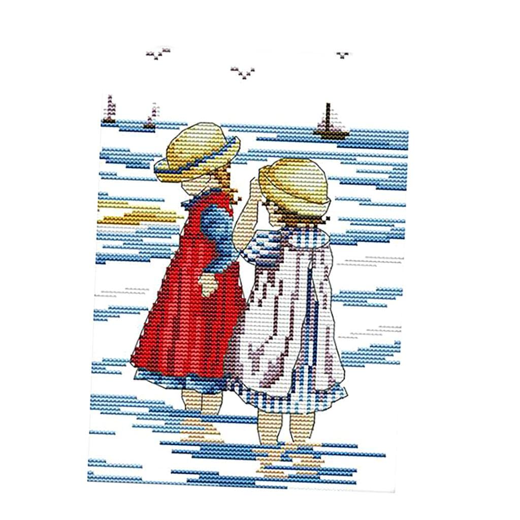 Sharprepublic Girls 14Ct 19 X 27 Cm Stamped Sisters Dimensions Cross Stitch Kit For Kids Beginners 11 14 Counted - 14Ct, 19 X 27Cm