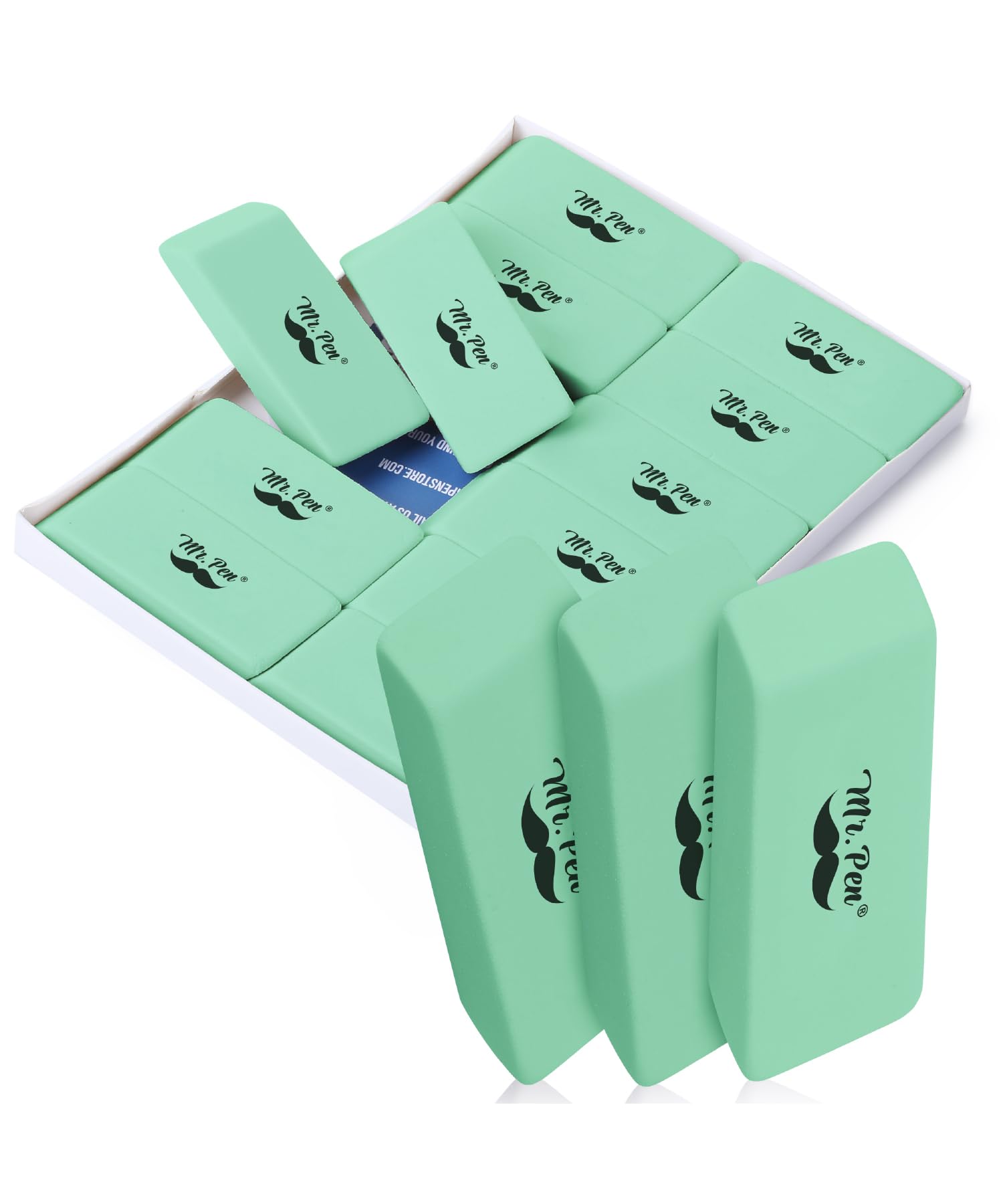 Mr. Pen Green Pencil Eraser, 12 Pack, Rectangular Rubber Eraser for Pencils, School, Office, Mint Green Color