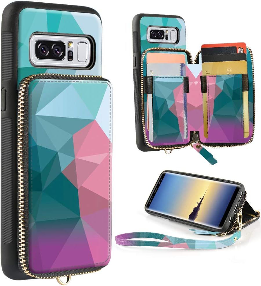 Samsung Galaxy Note8 Case, ZVE Galaxy Note8 Wallet Case with Credit Card Holder Zipper Handbag Purse Wrist Strap Print Protective Case Cover for Samsung Galaxy Note 8 (2017), 6.3 inch - Diamond