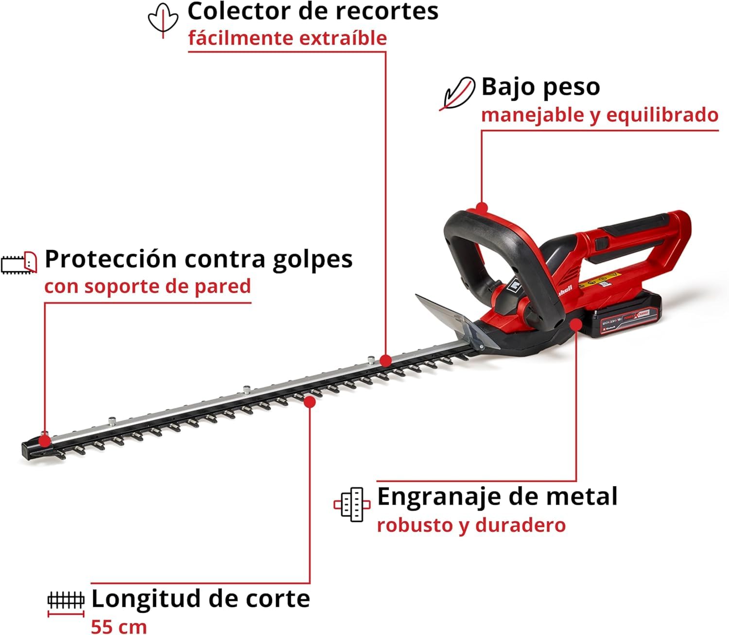 Einhell Cortasetos con batería GC-CH 1855/1 Li Kit Power X-Change (18V, 55cm de Longitud de Corte, 18mm Distancia Entre Dientes, Mango Giratorio, colector de Recortes, Incl. 2,5Ah batería y Cargador)