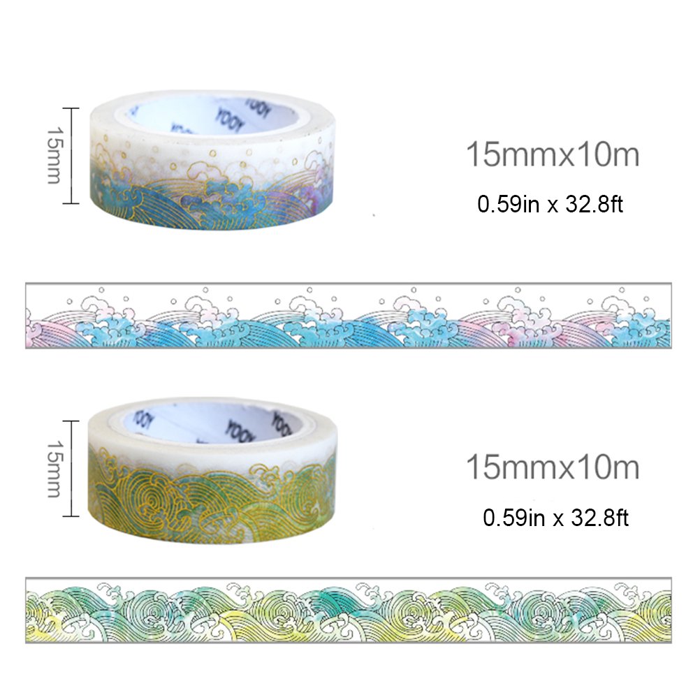 Złota taśma Washi Tape zestaw 2 rolek - unikalny design złota kolorowa fala morska dekoracyjna DIY japoński klej maskujący samoprzylepny papier Washi zestaw taśm (szerokość: 15 mm)