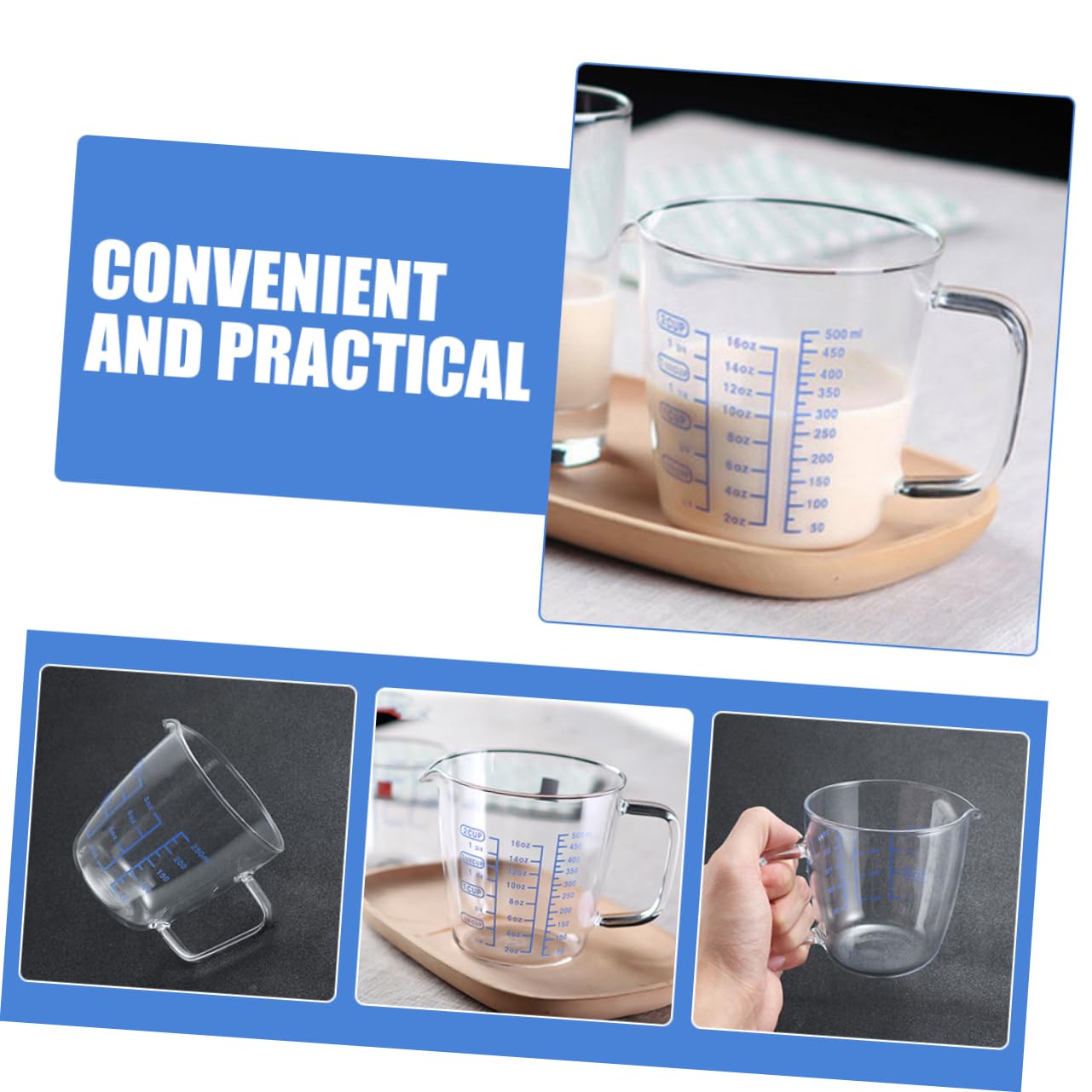 Messbecher aus Glas 3 Stück 250ml 500ml mit Henkel | Borosilikatglas, für Flüssigkeiten und Espresso, Leicht und Vielseitig