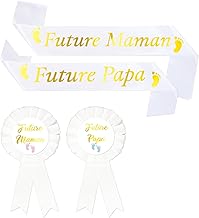 Mum and Dad to Be Sash+ Pin to Be Mummy and Dad, White Scarf Future Mum Future Dad Decoration Baby Shower for Christening Baby Shower Birth Gift for Future Dad Mum, white, No