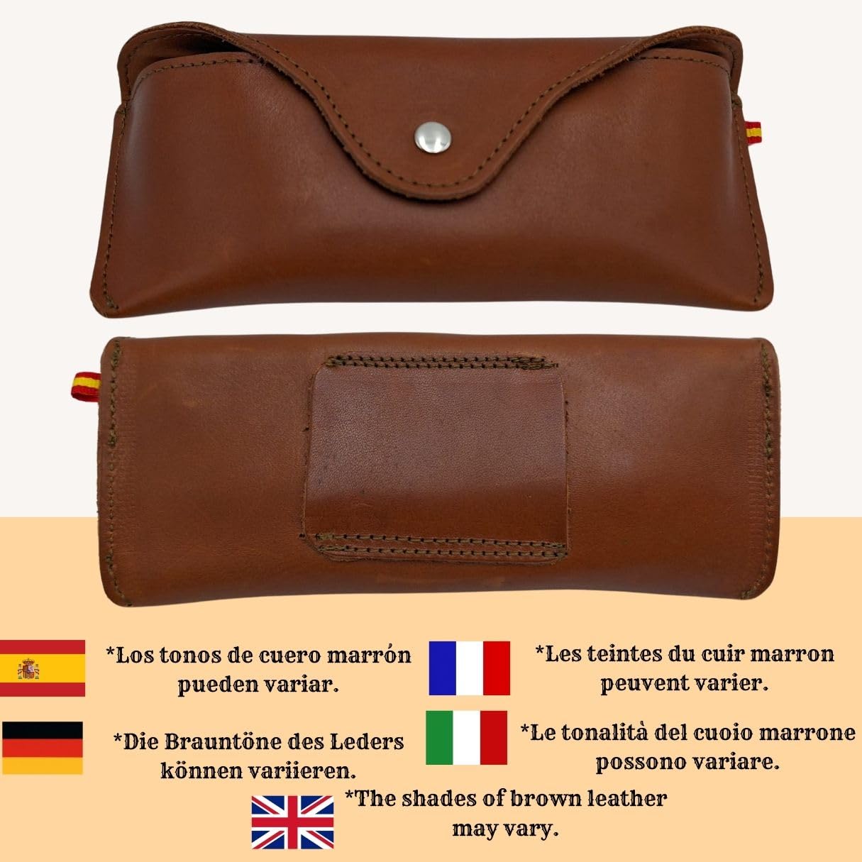 Étui à lunettes à fixer à la ceinture, avec fermeture à bouton, fabriqué à la main en Espagne, avec sac en tissu, 2 chiffons de nettoyage et bouteille pour le nettoyage des lunettes.
