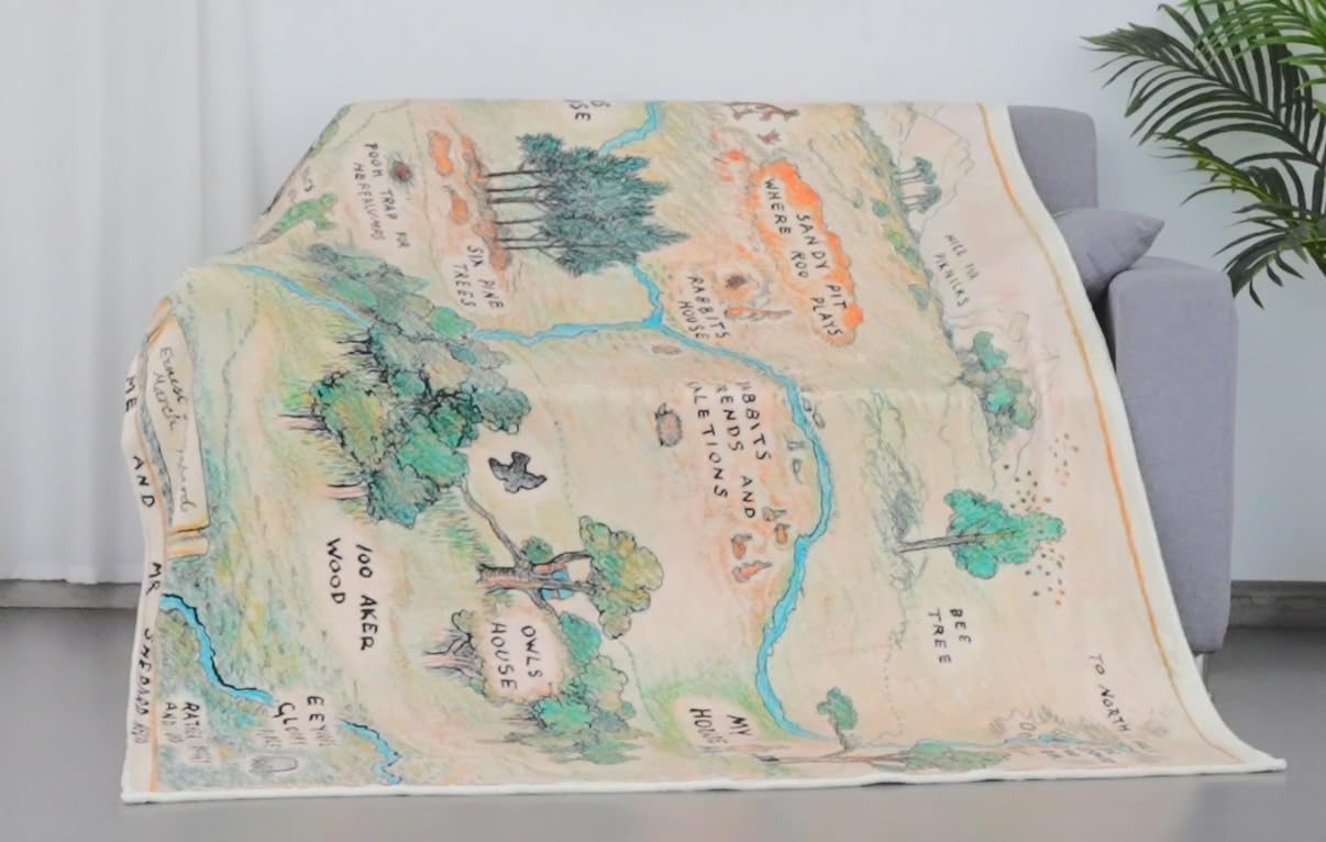100 Acre Wood Map Jungle Blanket, Blankets Custom Bear Blanket, Cartoon Cute Flannel Fleece Throw Anime for Kids Teens Adults Warm Super Soft Cozy (Large (80x60))