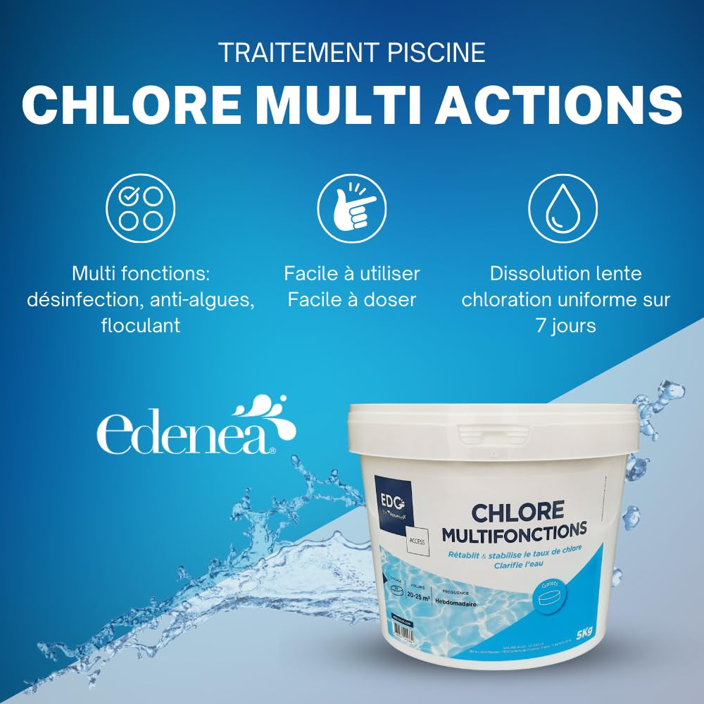 EDG - Chlore Piscine Multifonctions - Désinfecte - Clarifie - Galet 200g - Seau 5 Kg- Action Permanente Longue Durée - Multiactions - Gamme Access