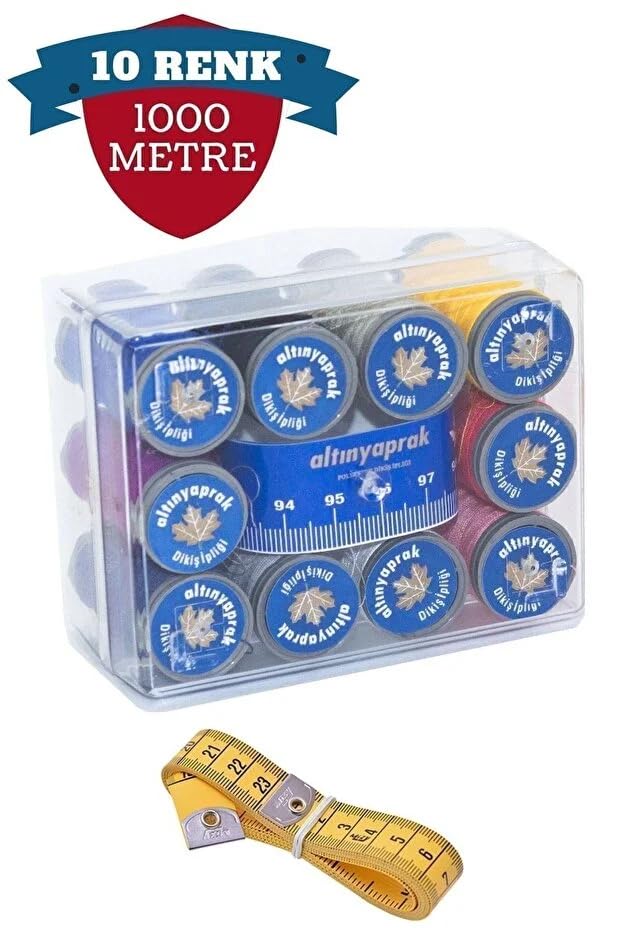 Smartizi 10 Renk Dikiş İpliği Seti (Toplam 1000 Metre) - Kutulu ve Mezura Hediyeli Polyester Makara Seti - Dikiş Makinesi ve El Dikişi İçin Dayanıklı ve Renkli İplik Kiti