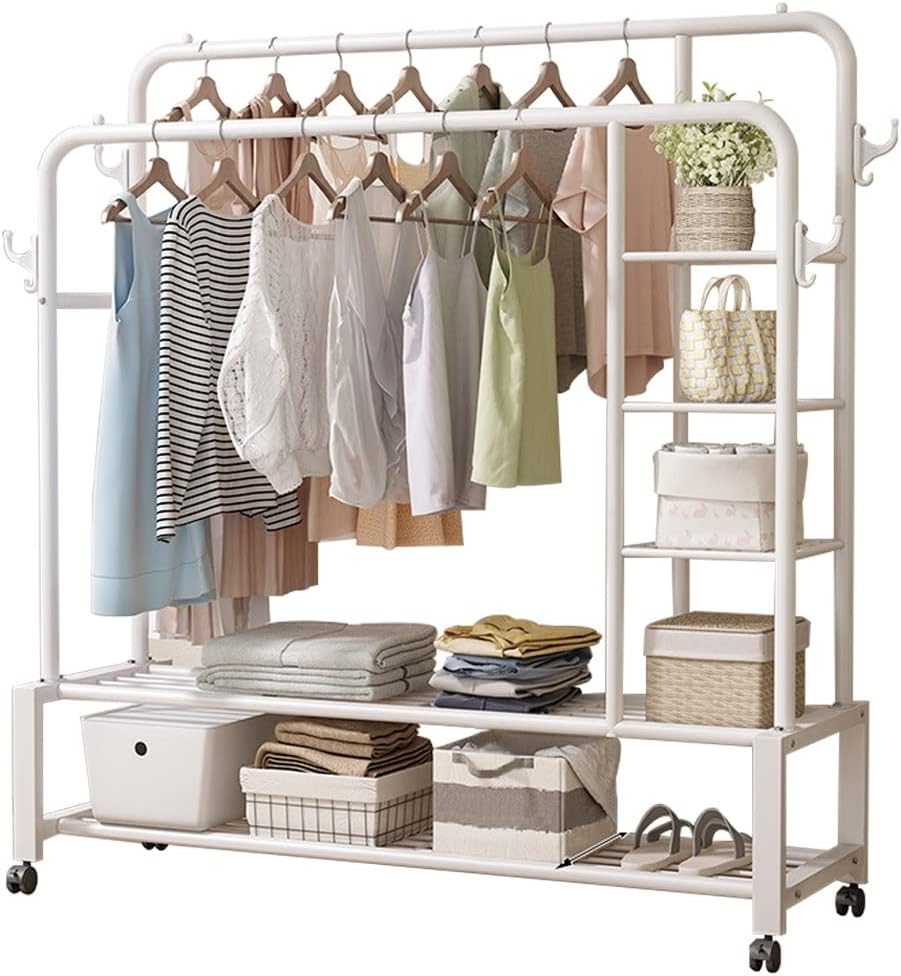 FANTASK Kleiderständer Auf Rollen - Höhenverstellbar Mit 2 Stangen & Regal