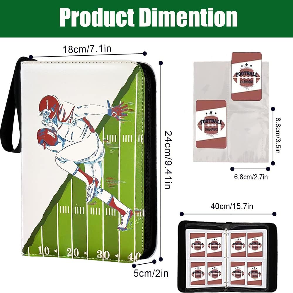 Football Card Binder for Trading Cards, Fit 400Cards with 50 Sleeves 4-Pocket Pages, 3 D-Ring Album for Card Collection Storage (400 pockets football binder)