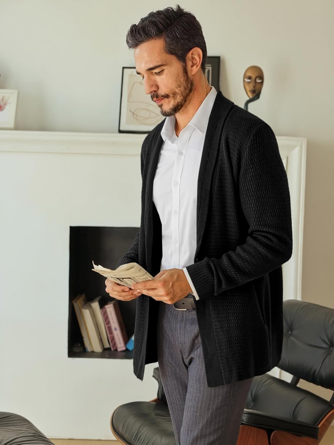 Runcati Mens Cardigan Sweater Shawl Collar Cable Knit Cardiagn Long Winter Open Front Sweaters with Pockets - Image 3