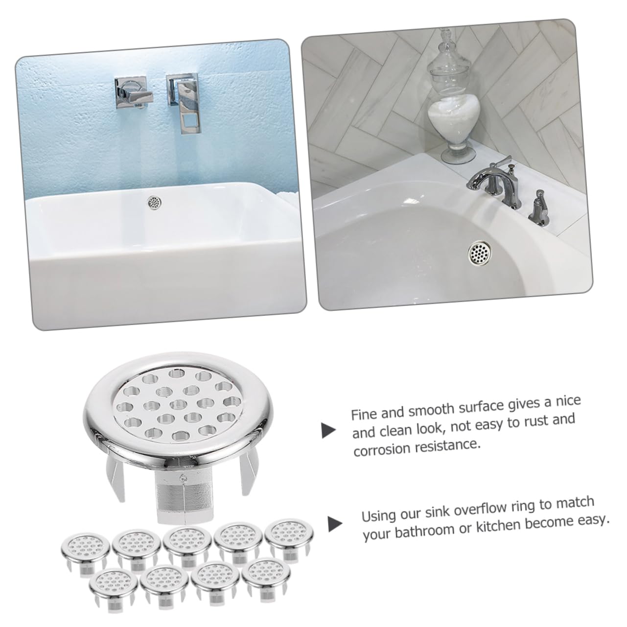 LIFKOME Copertura per Troppopieno Lavandino in Plastica Argento, Resistente alla Corrosione, Design Rotondo Elegante, Confezione da 10 Pezzi per Cucina e Bagno