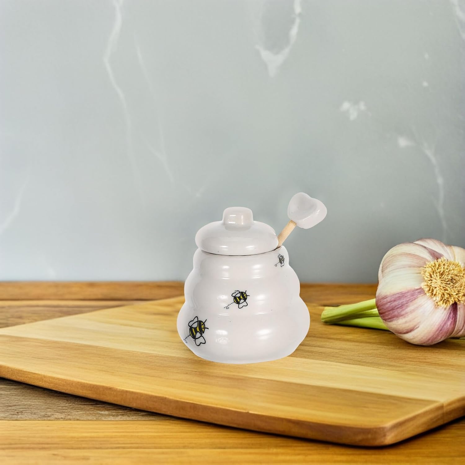 5Pcs Ceramic Honey Pot and Dipper Set with Lid, Bee Honey Jar for Kitchen Dining, Reusable Serveware Suitable for Home and Party
