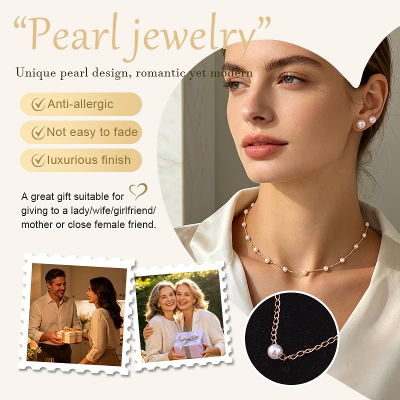 Image of Pearl Earring Stud Pearl Necklace Choker for Bride Wedding Earring Necklace