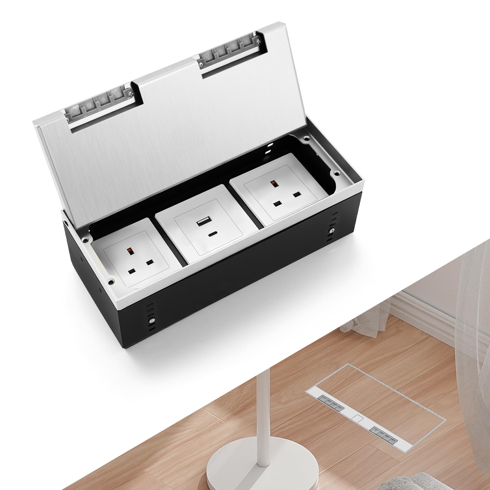Hidden Recessed Pop-Up Floor Socket Kit, 2 x 13A UK Sockets + USB-A & USB-C Charging - Waterproof, Scratch-Resistant Cover for Kitchen Worktops, Office Floors & Conference Tables (Silvery)