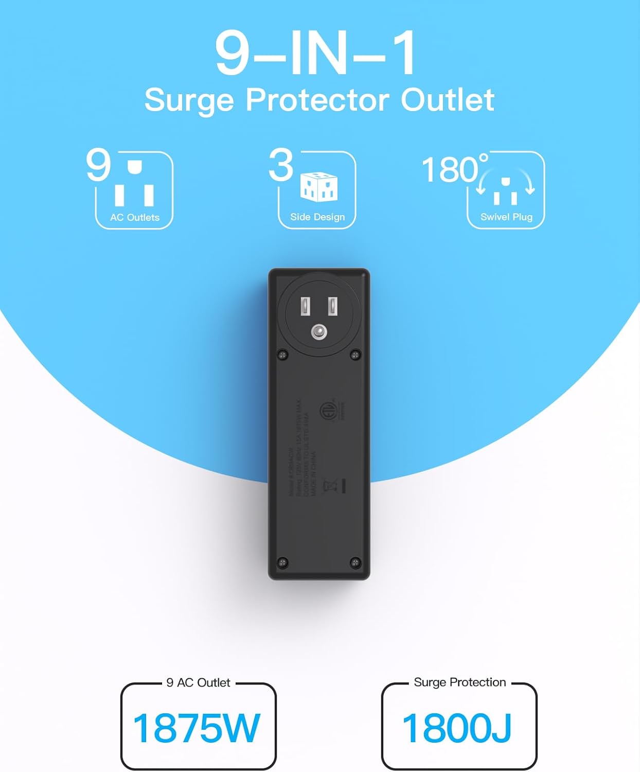 Surge Protector Outlet Extender with Rotating Plug, 9 AC Multi Plug Wall Outlet Expander, 1800J Wall Charger, 3-Sided Power Strip Electrical Plug Adapter Outlet Splitter for Home Office Dorm - Black
