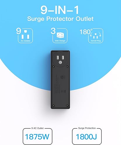 Miniatura 10 de Extensor de salida protector de sobretensiones con enchufe giratorio, 6 tomas de corriente alterna con 3 puertos USB (1 USB C), 1800 J, regleta Negro