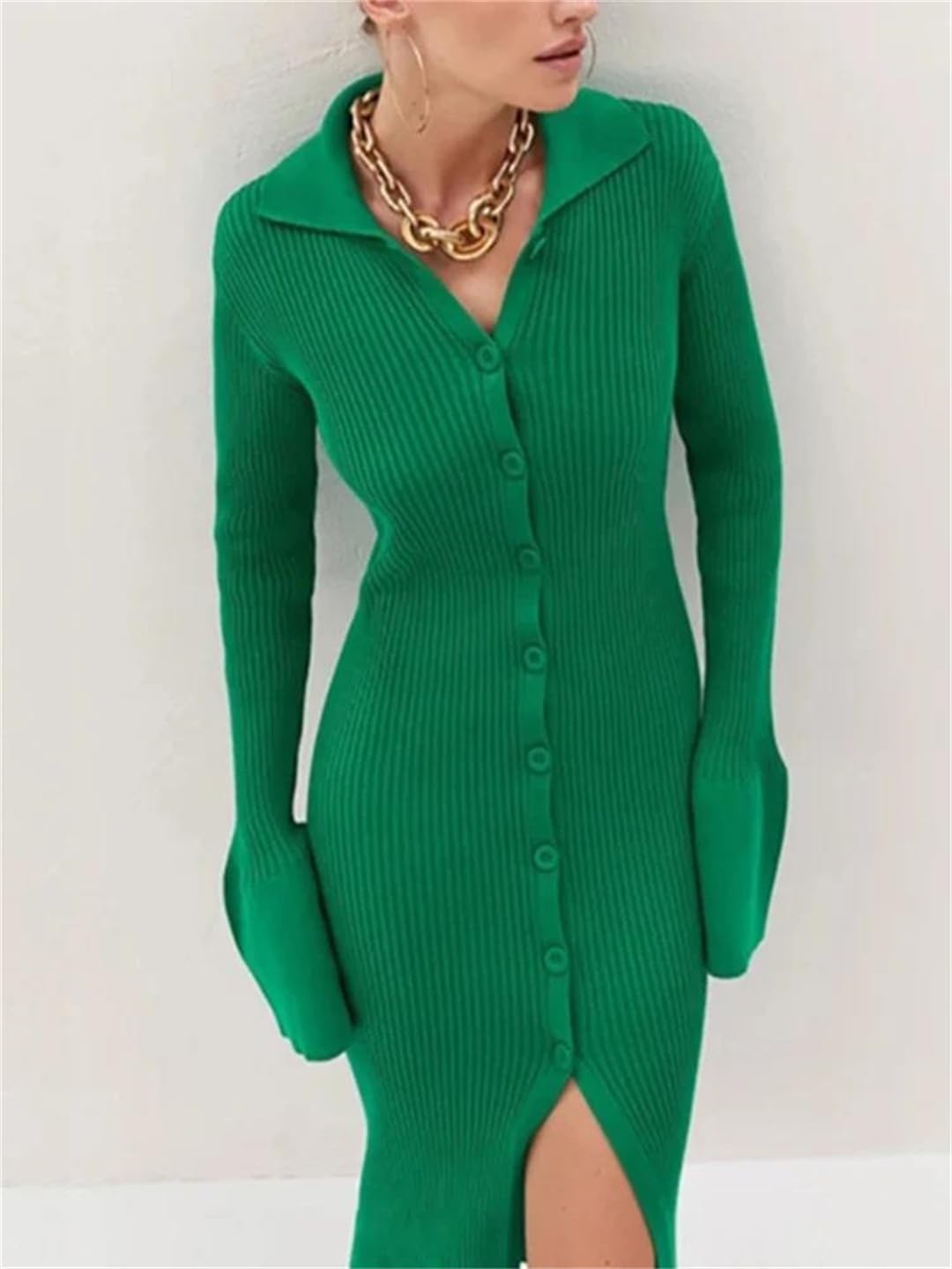 Vestido de invierno para mujer, de punto, ajustado, de manga larga, con botones, casual, para fiesta