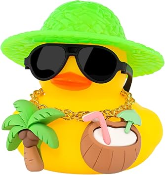wonuu Summer Beachy Vacation Duckies, Tropical Paradise Rubber Duck Beach Surfing Ocean Voyage Rubber Ducks Yellow, Coconut Drink, Palm Tree
