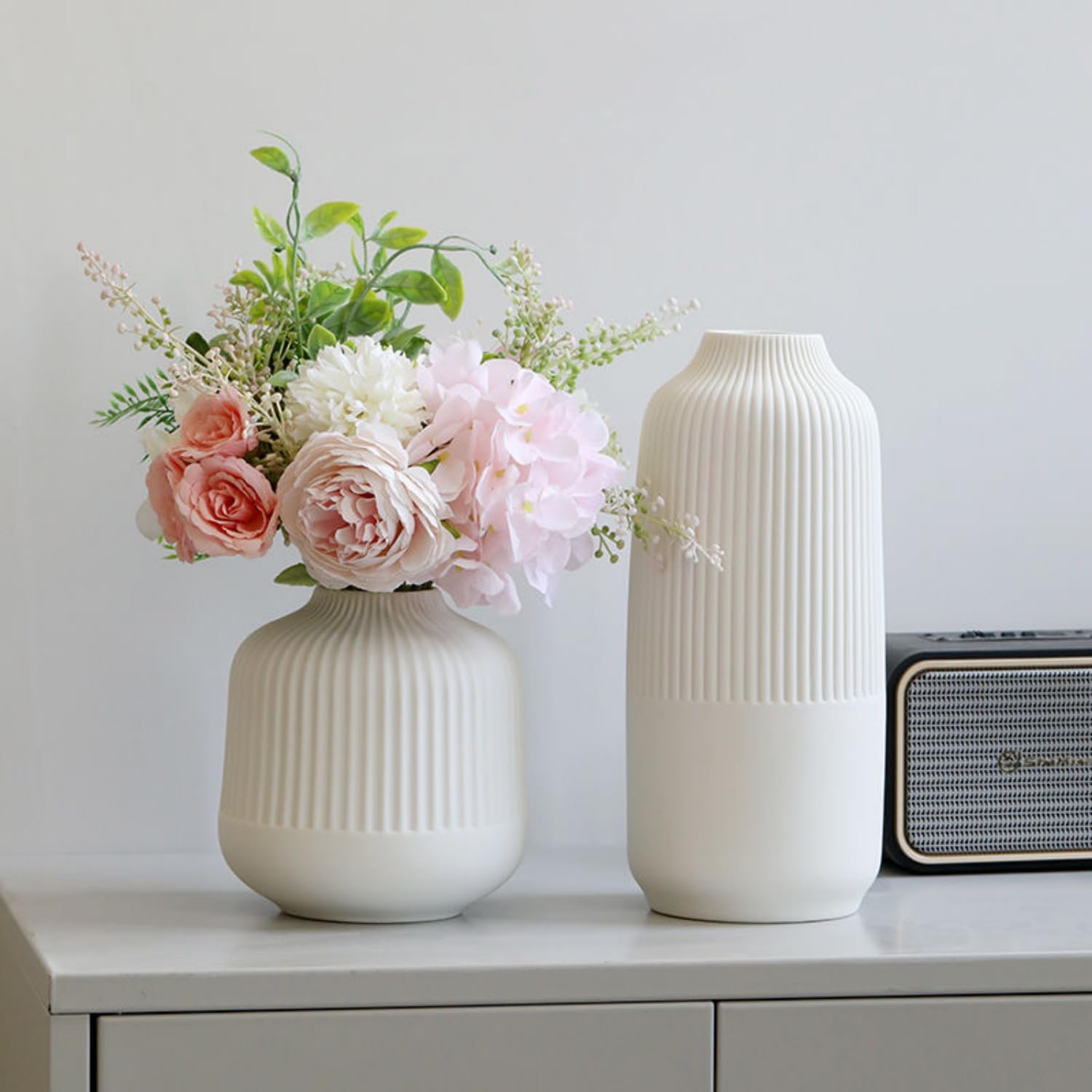 White Ceramic Vase for Flowers, 10 Inch Flower Vases Home Decor, White Boho Vases for Pampas Grass, Vase for Centerpieces Living Room Table Entryway Shelf