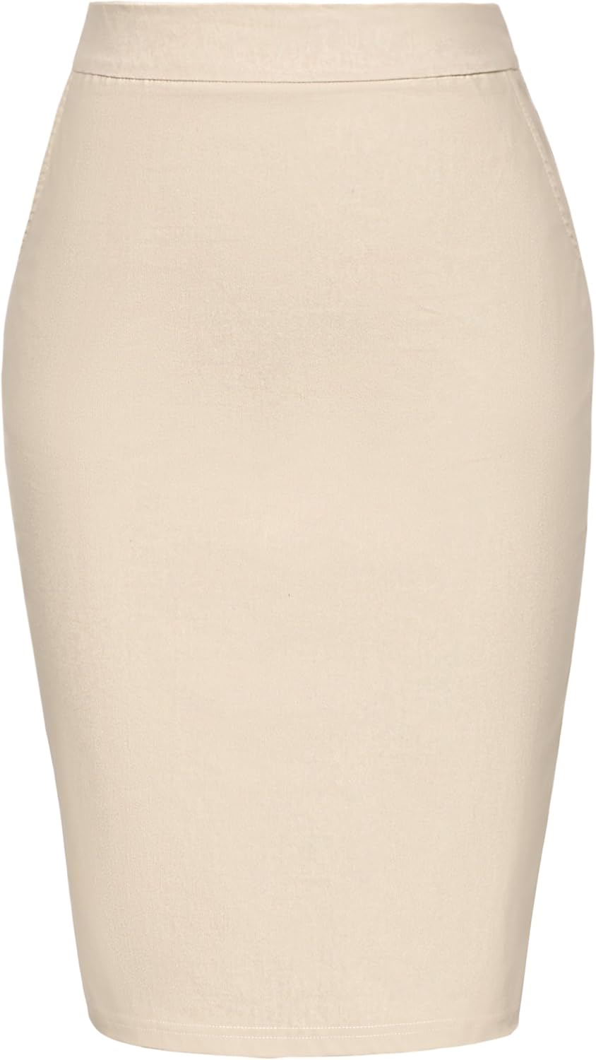 Kate Kasin Womens Knee Length Elastic Waist Basic Stretchy Bodycon Business Pencil Skirt Small Beige