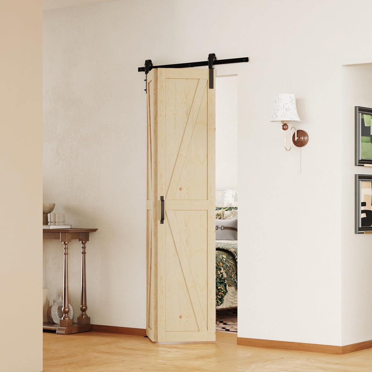72" x 84" Bifold Barn Door, K-Shape Bi-fold Sliding Closet Doors with Hardware Kit, MDF Wood Door with PVC Surface, 2X 3.33FT Track for 4 Finished Panels, White