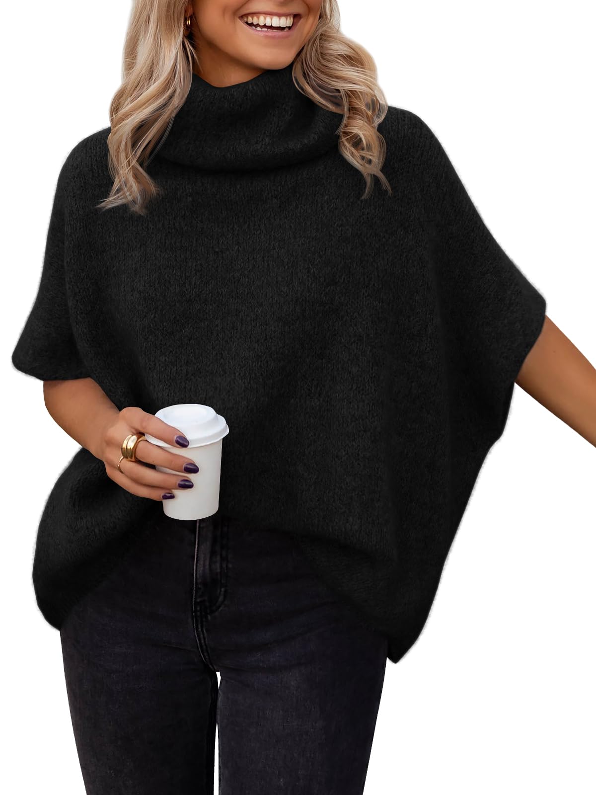 LILLUSORY Womens Mock Turtleneck Oversized Sweaters Cozy Short Batwing Sleeves Tops Fall Winter Loose Fit Chunky Clothes