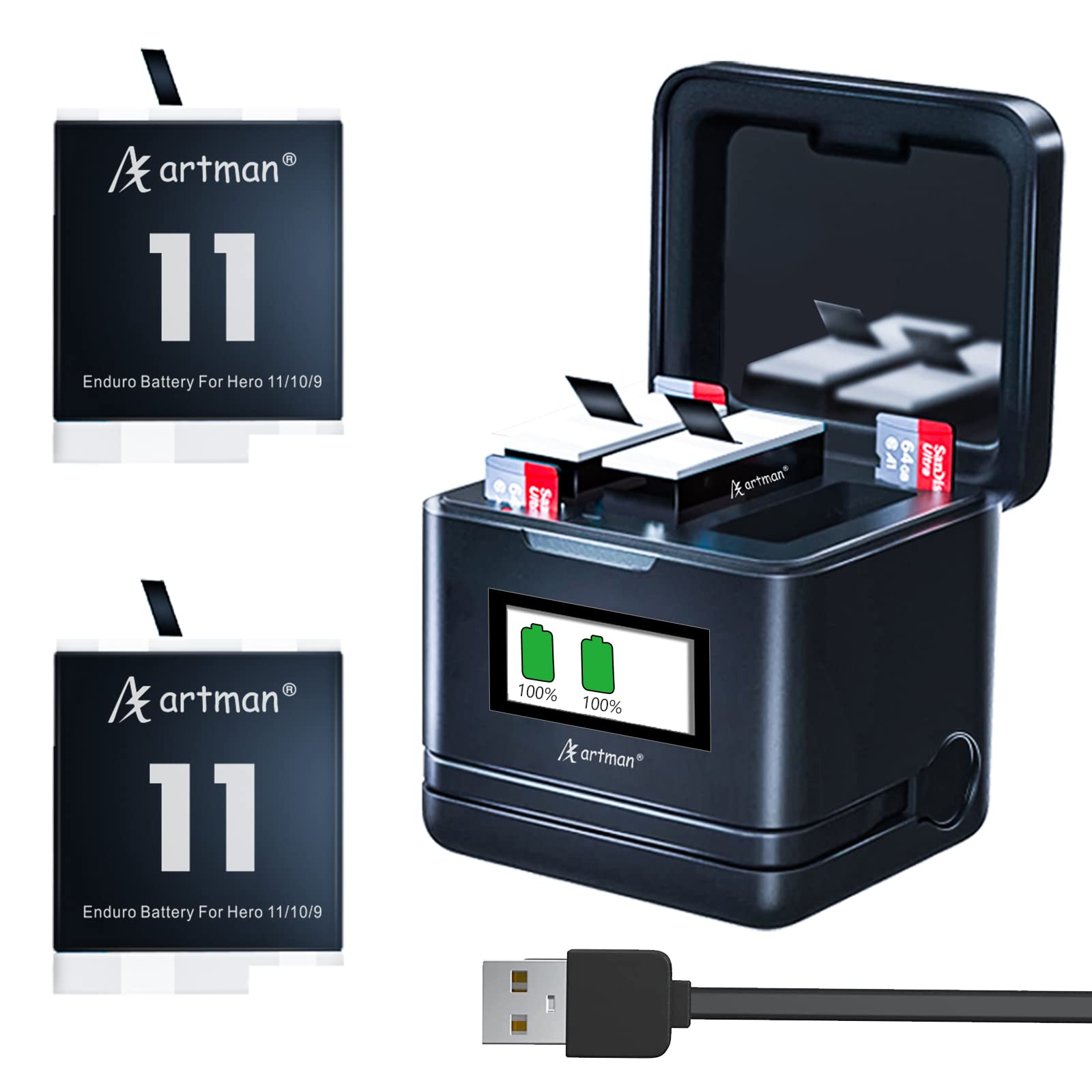 Artman Enduro Battery 1800mAh and 3-Channel LCD Charger Compatible with GoPro Hero 12 Black/GoPro Hero 11 Black/Hero 10 Black/Hero 9 Black (2-Pack)