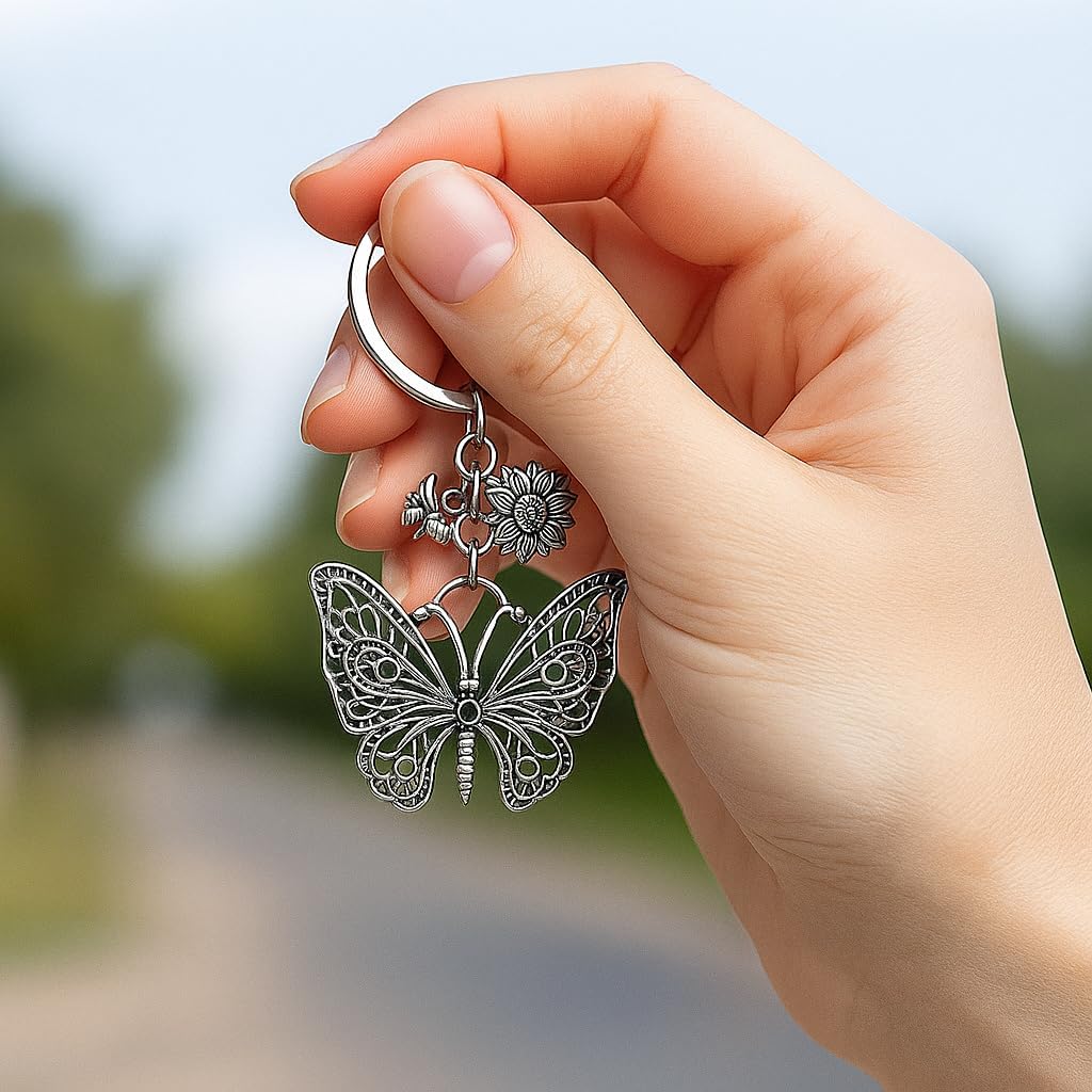 Vintage Butterfly Keychain - Antique Silver Floral Key Chains for Women, Rustic Bee & Flower Bag Charms, Boho Gift - Image 5