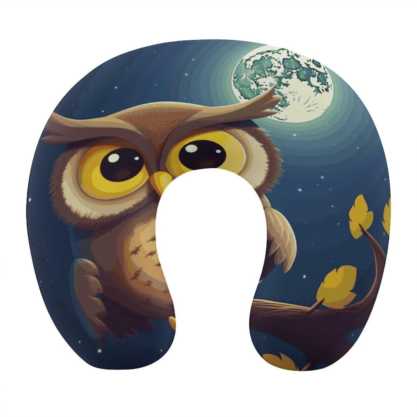 FekiLoot Owl and Yellow Moon Travel Pillow,U Shaped Office Napping Pillow Support Neck and Head Comfortable Travel Neck Pillow U Shape Sleeping Essentials for Long Haul Flights