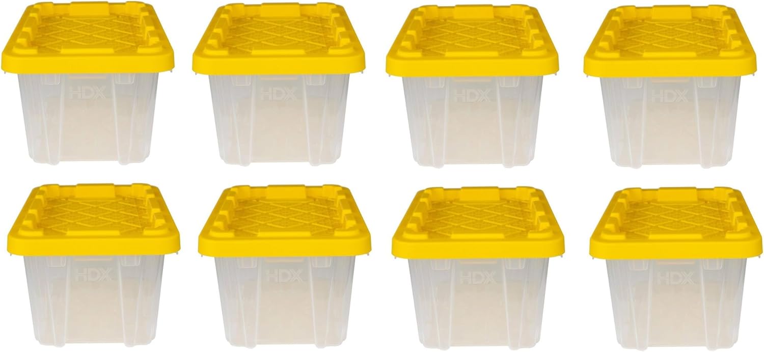 1.6 Gallon (6.5 Quart) Small Tough Storage Tote with Yellow Snap Lid, Clear, Stackable & Nestable, Heavy-Duty Plastic Organizing Bins, 8-Pack