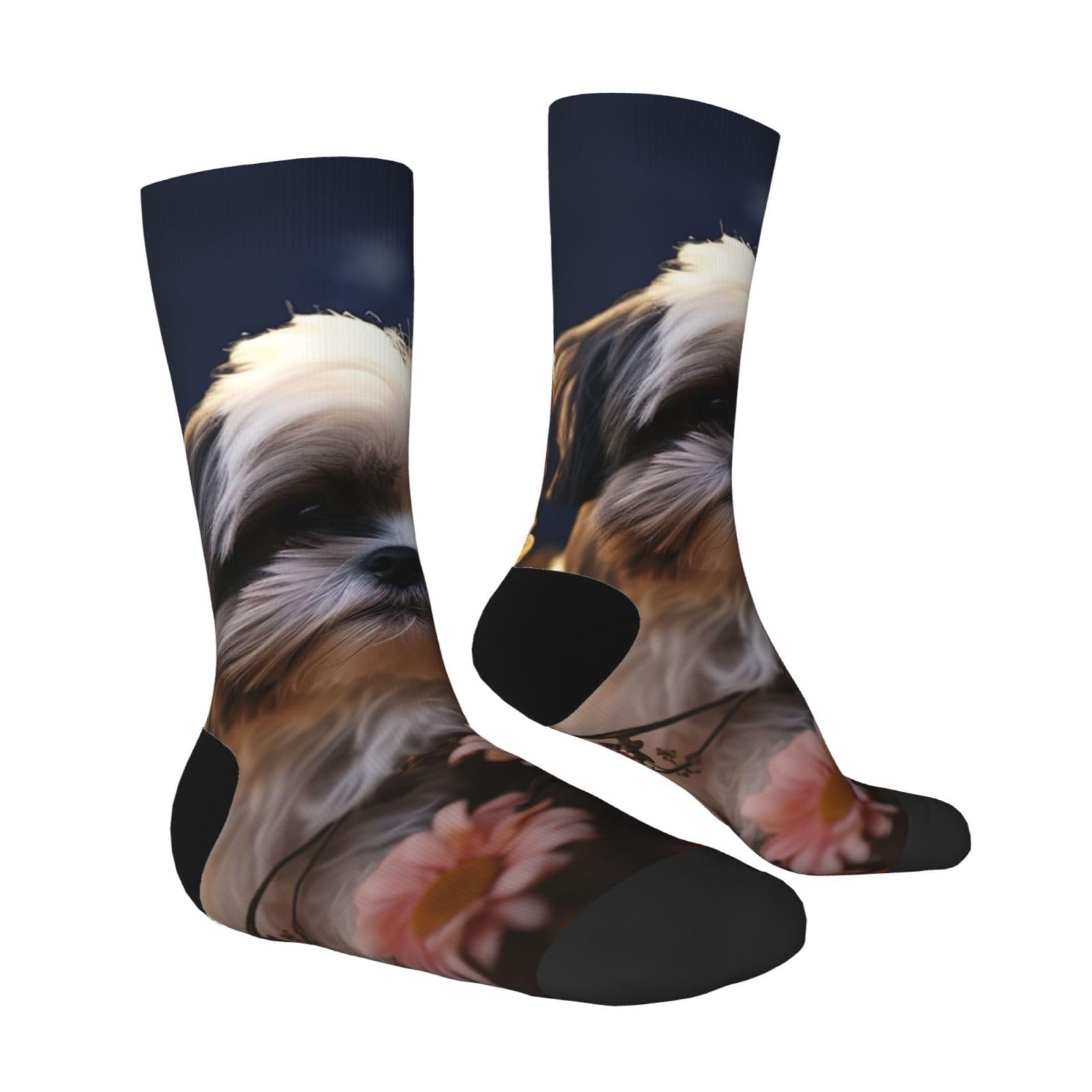 LZQPOEAS Shih Tzu dog and flowers Athletic Socks Unisex Cushioned Crew Socks Hiking Running Calf Sock Soft Above Ankle Sock