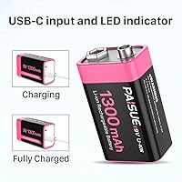 Vista 4 de Baterías recargables de 9 V, baterías de iones de litio de alta capacidad de 1300 mAh de larga duración de 9 voltios con cable de carga rápida USB C