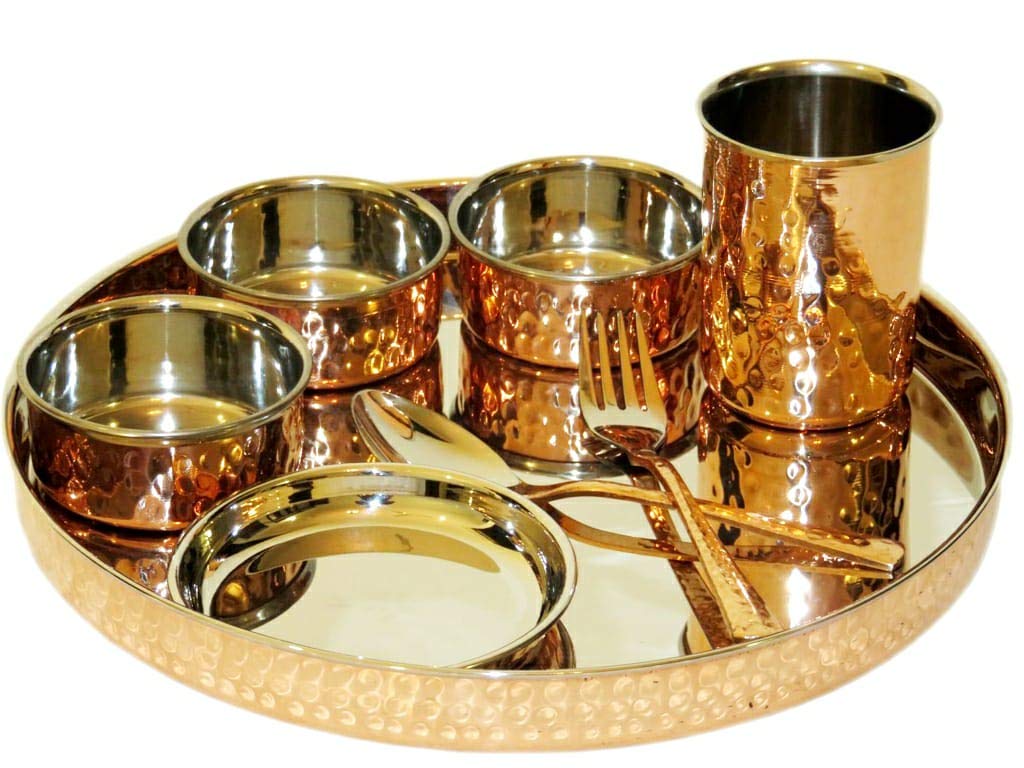 Indian Craft Villa Stainless Steel & Copper 13" Traditional Kitchen Dinner Thali Set of 8 Piece - Thali , Pudding Plate, 3 Bowls , Spoon , Glass , Fork for Home