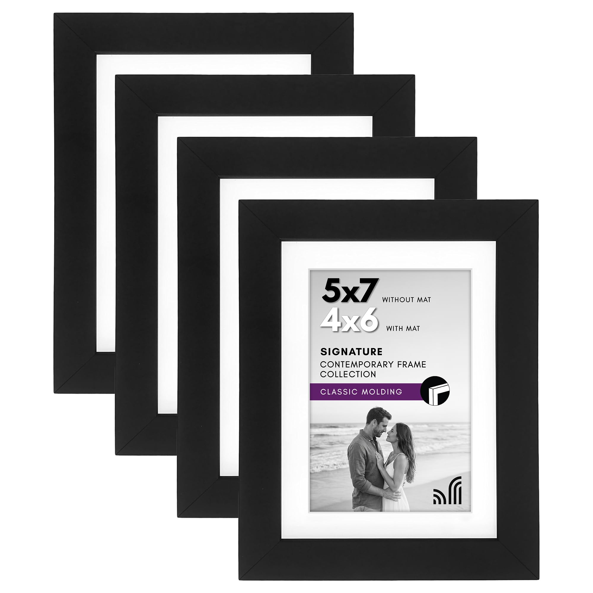 Americanflat 7x5 Photo Frames in Black - Set of 4 - Use as 6x4 Photo Frames with Mount or 7x5 Frame without Mount - Horizontal and Vertical Formats for Wall and Tabletop