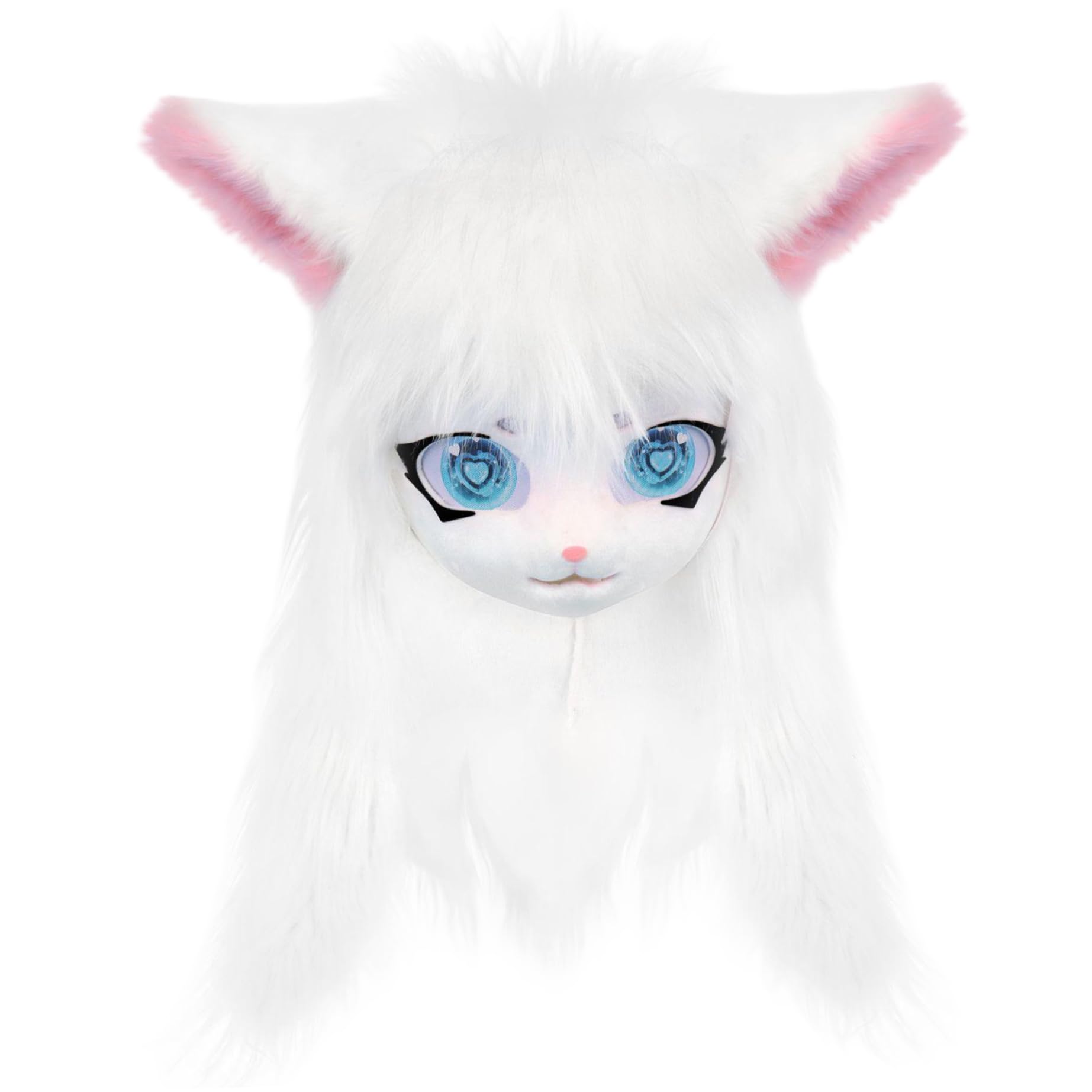 Joygoodta Kigurumi Mask, Furry Head, Cute Plush Fursuit Head with Big Eyes, Ears & Long Hair, Furry Costume for Halloween Masquerade Cosplay, White