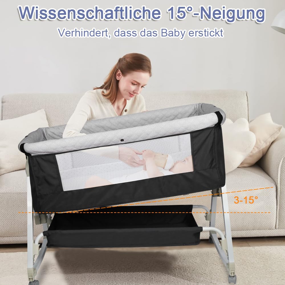 2 en 1 Berceau Cododo pour Bébé,Lit Cododo de Bébé avec Matelas et Moustiquaire 4 Roues,pour 1 à 36 Mois,Inclinaison&Hauteur Réglable, 95 * 50 * 98-110cm, Noir